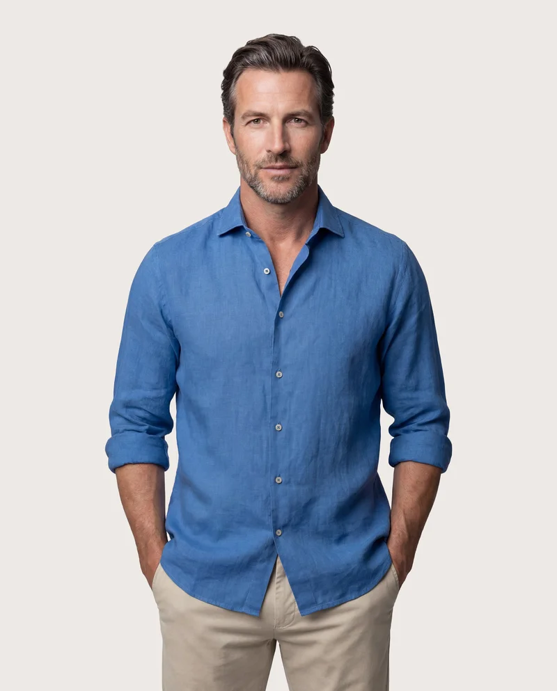 كاميتشسما Trendy Blue Linen Slim Comfort Shirt