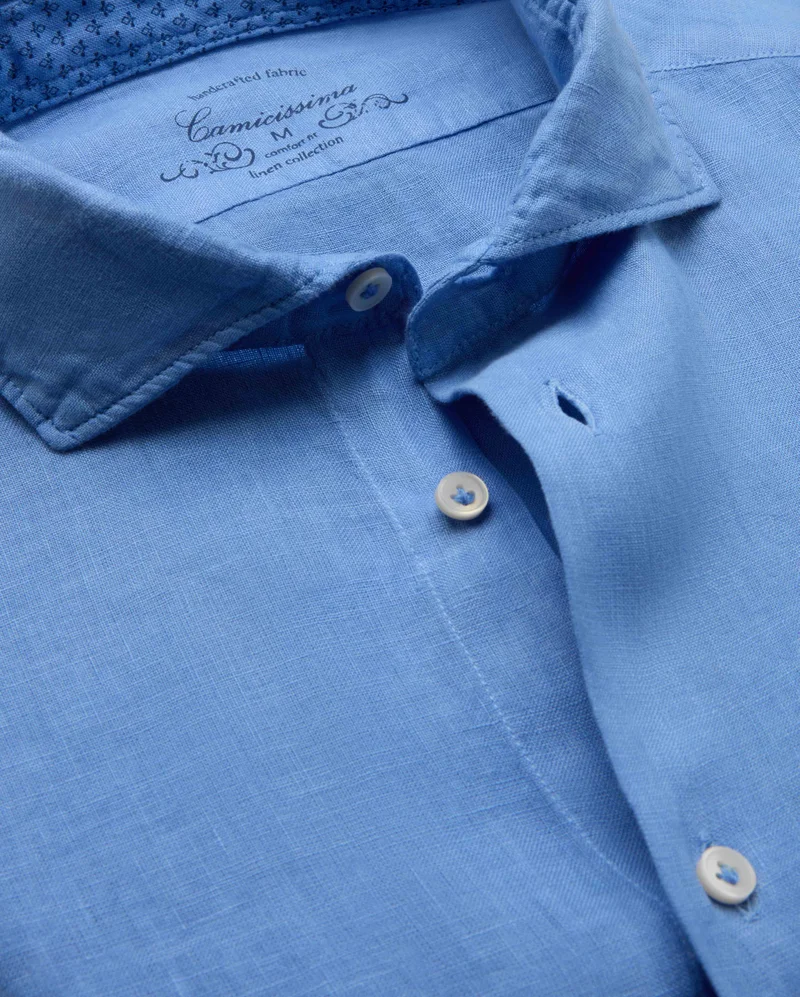 كاميتشسما Trendy Blue Linen Slim Comfort Shirt