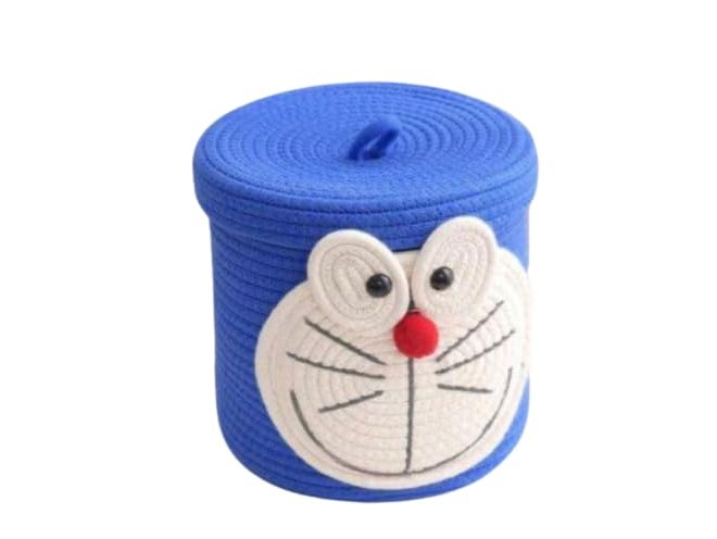Rosslyn Kids Lid Basket with Beautiful Characters - Rope Storage Basket for Baby Diaper, Stuffed Animal Storage Bin Rope Basket for Kids Toy, Baby Laundry Baskets with lid - Doreamon - Image 1