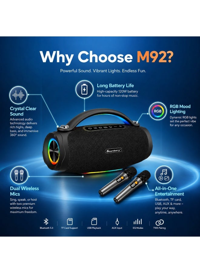 Smartbarry M92 Wireless Party Speaker System with Dual Wireless Microphones, Bluetooth Connectivity, 120W High Output Sound, RGB LED Lighting, Deep Bass Audio, Rechargeable Portable Speaker, Black - Image 2