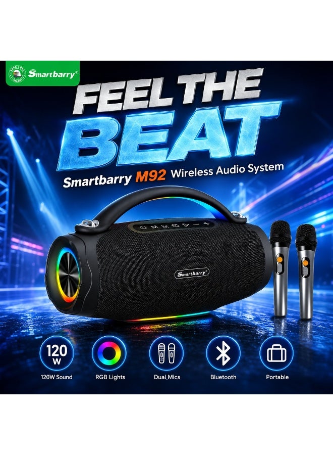 Smartbarry M92 Wireless Party Speaker System with Dual Wireless Microphones, Bluetooth Connectivity, 120W High Output Sound, RGB LED Lighting, Deep Bass Audio, Rechargeable Portable Speaker, Black - Image 3