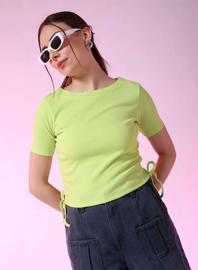 Women Regular Fit Solid Round Neck Short Sleeve Ruched Top