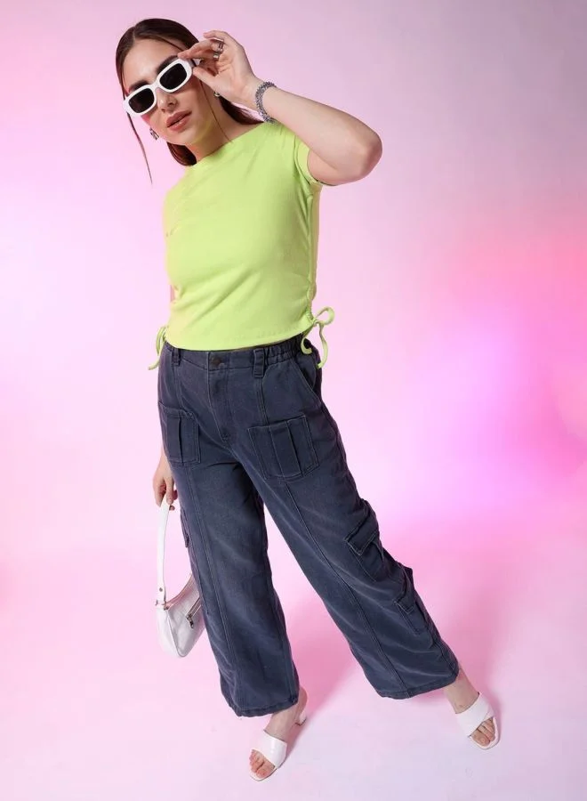 Freehand  Women Regular Fit Solid Round Neck Short Sleeve Ruched Top  | Best Price UAE