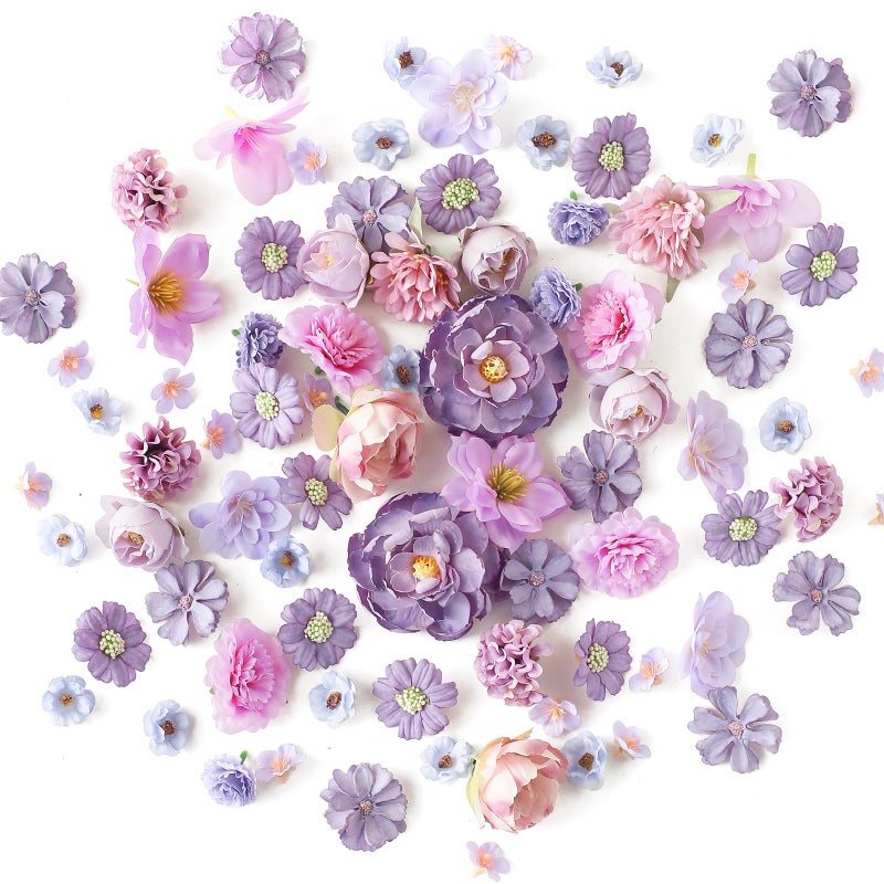 Floroom Mini Artificial Flower Heads Lavender & Purple Fake Peony Daisy Rose Multicolor Small Faux Silk Flower Heads for Cake Craft Garland Wedding Party Graduation Cap DIY Home Decoration, 0.8"-3.6" - Image 1