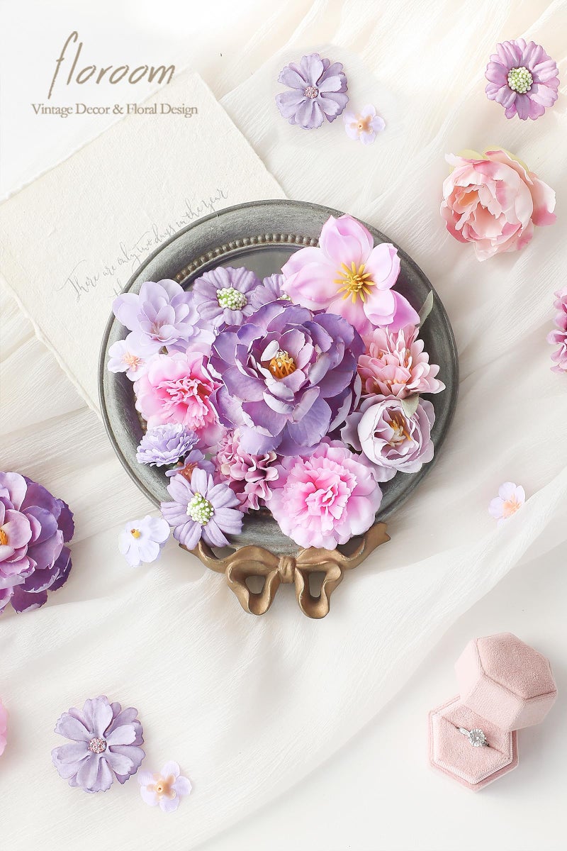 Floroom Mini Artificial Flower Heads Lavender & Purple Fake Peony Daisy Rose Multicolor Small Faux Silk Flower Heads for Cake Craft Garland Wedding Party Graduation Cap DIY Home Decoration, 0.8"-3.6" - Image 2