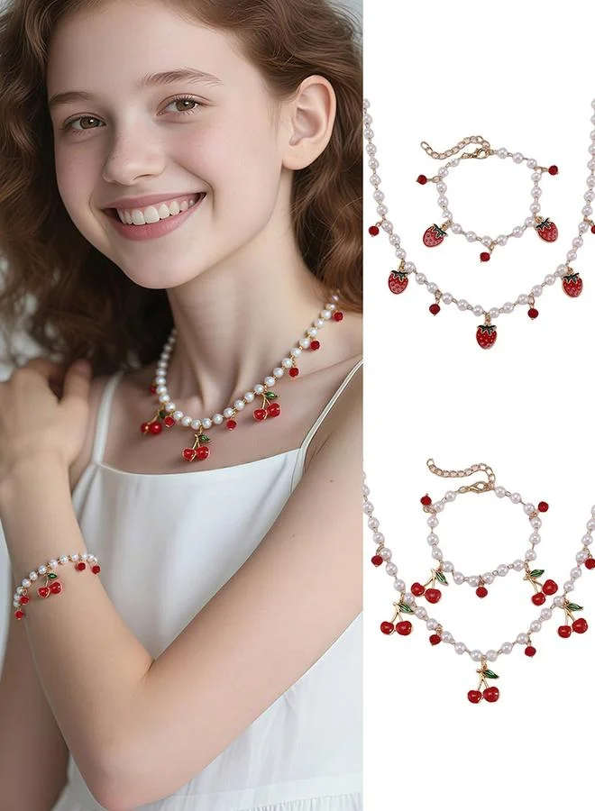 Take Two Take Two 2pcs Girl's Strawberry Pendant Faux Pearl Necklace with Bracelet Set