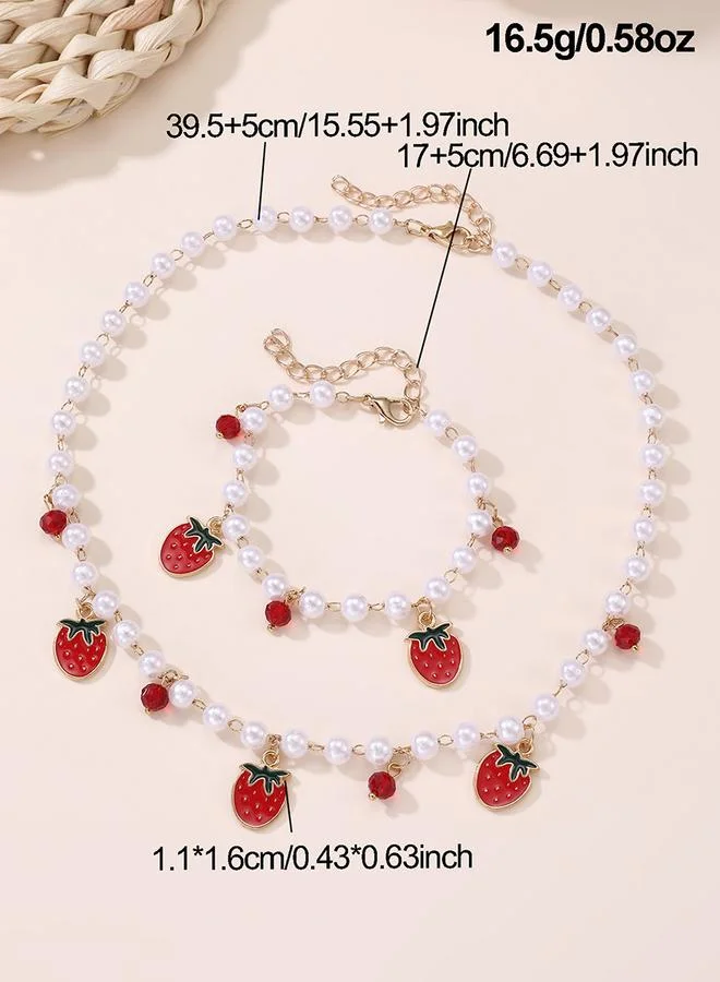 Take Two  Take Two 2pcs Girl's Strawberry Pendant Faux Pearl Necklace with Bracelet Set for Women | Best Price UAE