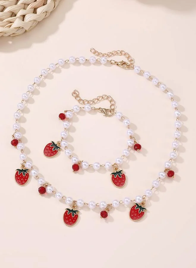 Take Two Take Two 2pcs Girl's Strawberry Pendant Faux Pearl Necklace with Bracelet Set