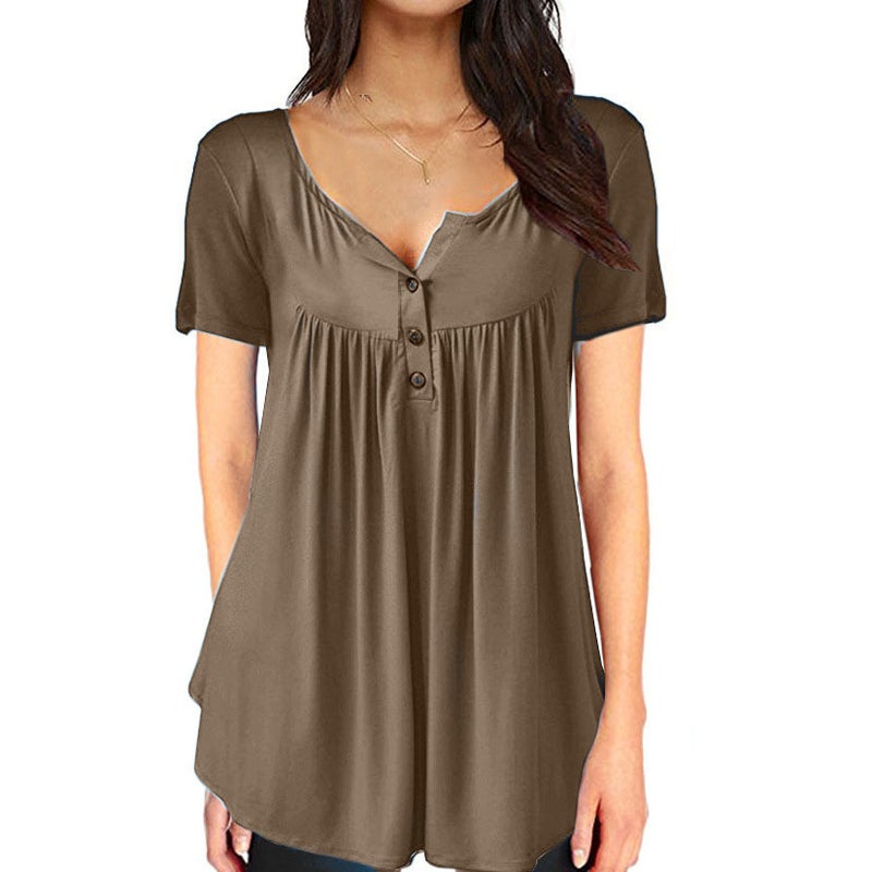 Foreign trade t-shirt short-sleeved 2021 new European and American hot selling solid color pleated button loose v-neck women's top spot gray XL - Image 5