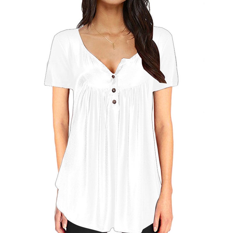 Foreign trade t-shirt short-sleeved 2021 new European and American hot selling solid color pleated button loose v-neck women's top spot gray XL - Image 2