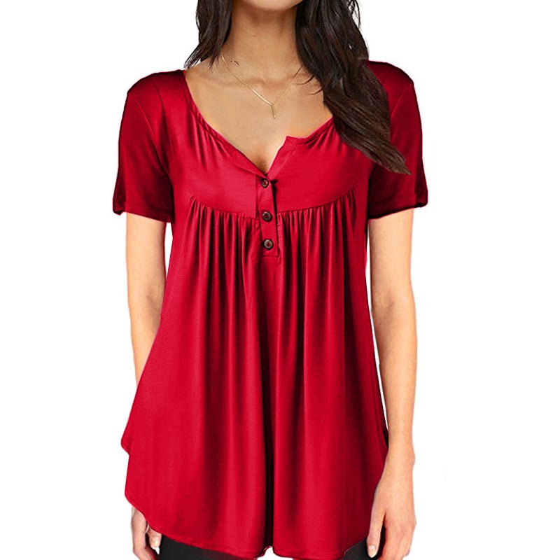 Foreign trade t-shirt short-sleeved 2021 new European and American hot selling solid color pleated button loose v-neck women's top spot gray XL - Image 3
