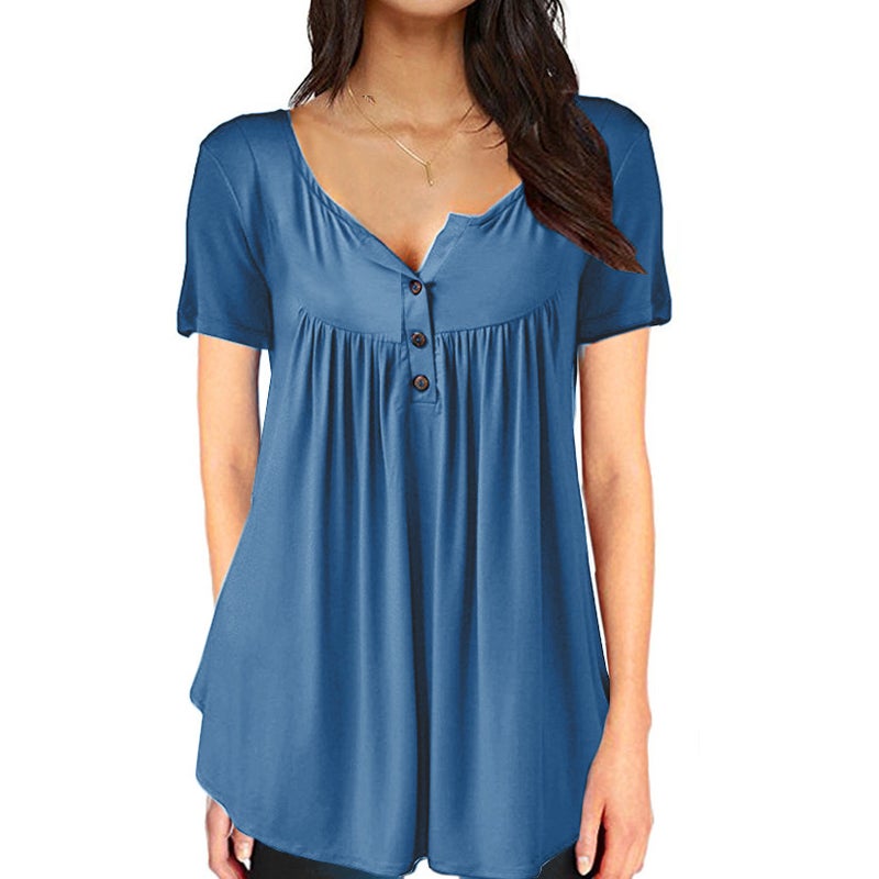 Foreign trade t-shirt short-sleeved 2021 new European and American hot selling solid color pleated button loose v-neck women's top spot gray XL - Image 4