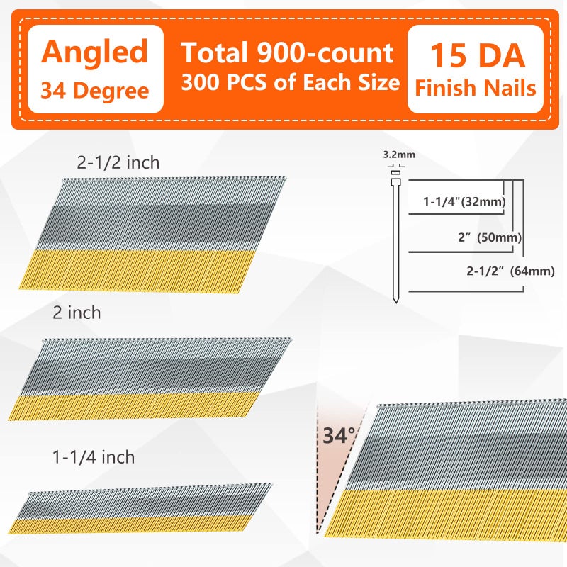 SITLDY 15 Gauge DA Angled Finish Nails, 34-Degree, 900-Pack (2-1/2", 2", 1-1/4" 300 Per Sizes), Galvanized Assorted Size Project Pack, for Pneumatic, Electric Angled Finish Nailer - Image 2