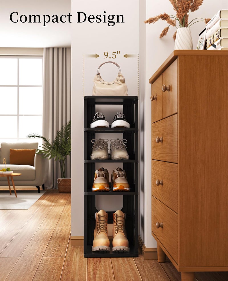 HAIXIN Shoe Organizer Rack for Small Spaces 5 Tier Plastic Vertical Narrow Shelves for Closet Black Shoe Holder, Stand for Entryway Storage Boots Organizer Stackable Cabinet - Image 3