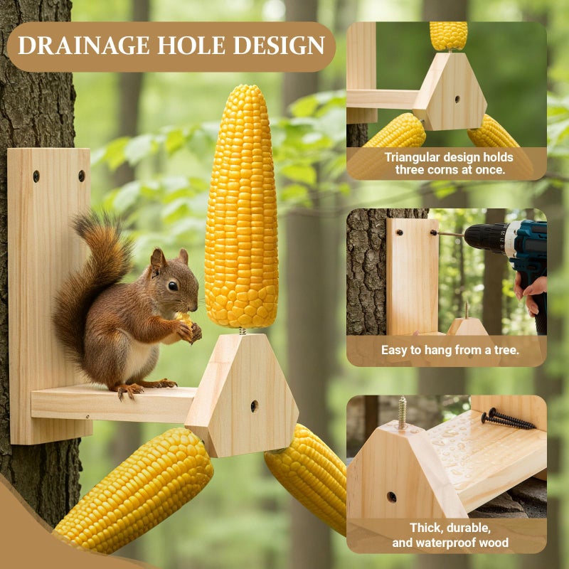 LemonRoad Squirrel Feeder for Outside, Squirrel Spinner Corn Cob Holder with 3 Ears, Wooden Chipmunk Feeder - Image 5
