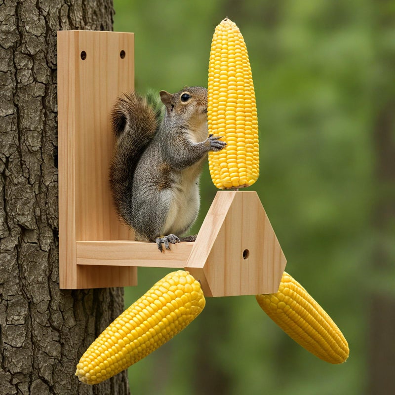 LemonRoad Squirrel Feeder for Outside, Squirrel Spinner Corn Cob Holder with 3 Ears, Wooden Chipmunk Feeder - Image 1