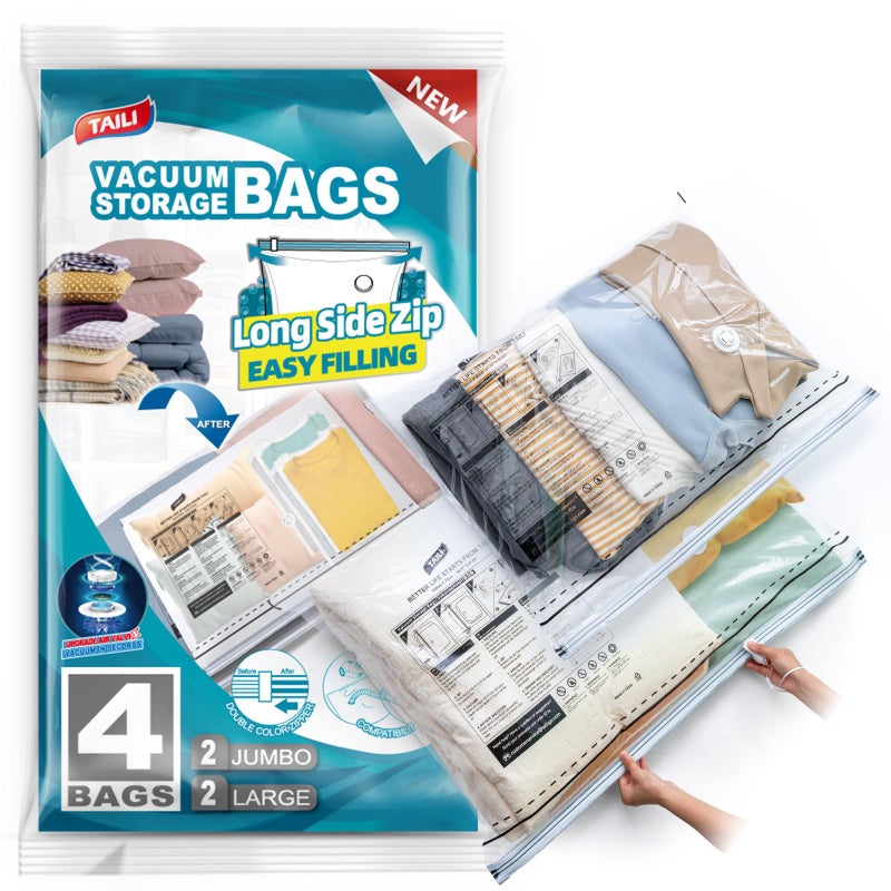 TAILI Vacuum Storage Bags 4 Pack, LONG SIDE ZIP (2 Large+2 Jumbo), Multi-Size Vacuum Seal Bags for Clothing, Storage Bulky Beddings, Blankets and Clothes, Space Saver for Closet Organization - Image 1