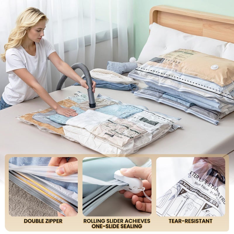 TAILI Vacuum Storage Bags 4 Pack, LONG SIDE ZIP (2 Large+2 Jumbo), Multi-Size Vacuum Seal Bags for Clothing, Storage Bulky Beddings, Blankets and Clothes, Space Saver for Closet Organization - Image 5