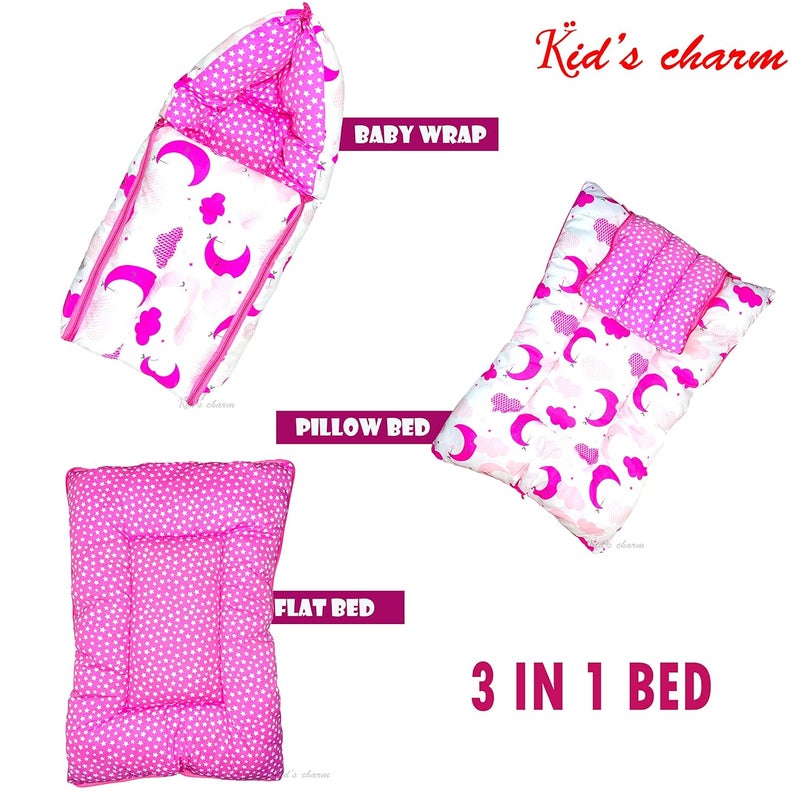 Kid's Charm Kids Charm CloudMoon 3 in 1 Babys Cotton Bed Cum Carry Bed Printed Baby Sleeping BagBaby BedInfant Portable for Unisex Easily Portable Light Weight to Carry for New Born 04 Months Old Pink - Image 3