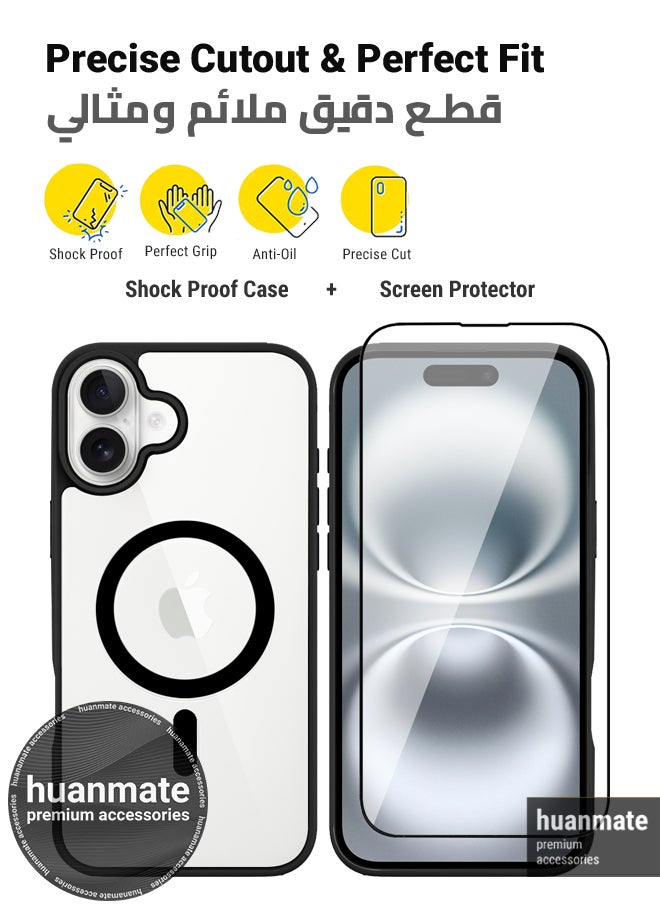 2 in 1 Apple iPhone 16 Magsafe Protection Pack - Ultra Clear Shockproof Case & Edge-to-Edge Screen Protector, 360 Degree Protection, Back Cover & Screen Protector for Apple iPhone 16