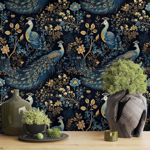 HOMEMATES Vintage Floral Peel and Stick Wallpaper Boho Floral Self-Adhesive Contact Paper for Bedroom, Wardrobe, Desktop – 45 x 304cm Removable Flower Wall Sticker (Peacock Blue) - Image 4