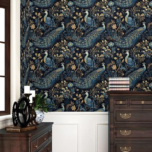 HOMEMATES Vintage Floral Peel and Stick Wallpaper Boho Floral Self-Adhesive Contact Paper for Bedroom, Wardrobe, Desktop – 45 x 304cm Removable Flower Wall Sticker (Peacock Blue) - Image 2