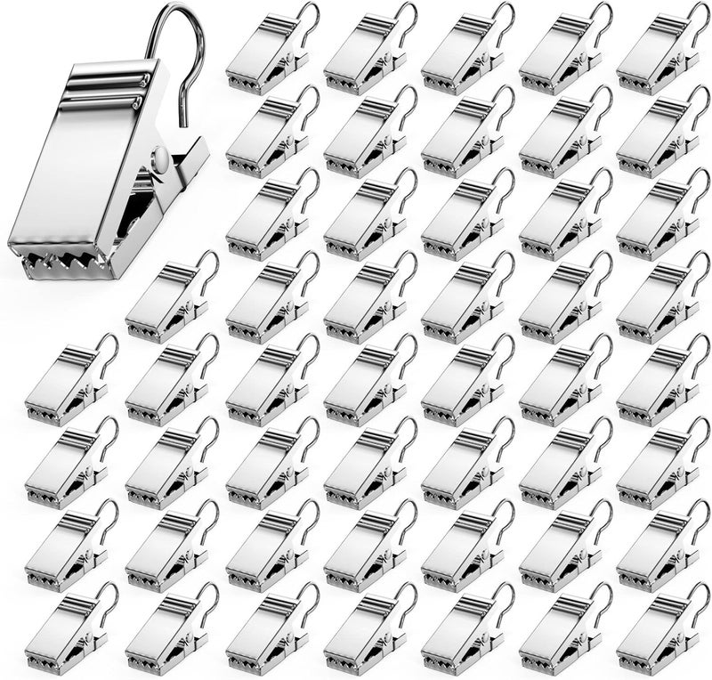 AJulyBee 50 PCS Curtain Hooks Heavy Duty Clips, Stainless Steel Shower Curtain Clip with Hook for Vendor Display Supplies, Home Decoration, Hanging Photos, Art Craft Display (Silver) - Image 1