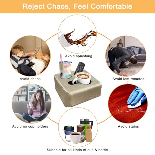 Nisdoing Couch Cup Holder Pillow Tray! Keep Drinks Hand Reach and KeepTemp, Prevent Spills and Use Anywhere. Cup Holder for Couch, Bed, Car, Courtyard, Park, Beach. Pink. Light Khaki - Image 4
