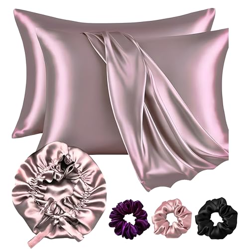 Candibella Premium Satin Silk Pillow Covers for Hair and Skin, Pack of 2 Satin Pillow Cover with 3 Satin Scrunchies and Bonnet for Women, Best Gift Combo, Silk Pillow Covers with Envelope Closure (Multicolor) - Image 1