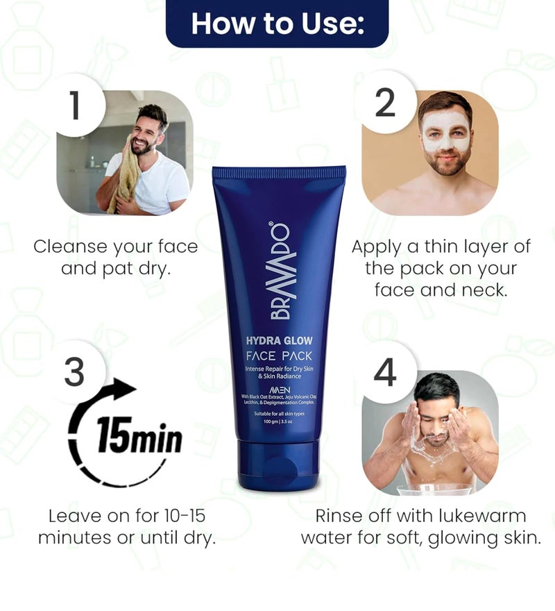 BRAVADO Hydra Glow Face Pack Deep Cleansing Kaolin Mask for Glowing Skin Hydrates Repairs Detans Reduces Dark Spots for All Skin Types 100g - Image 4