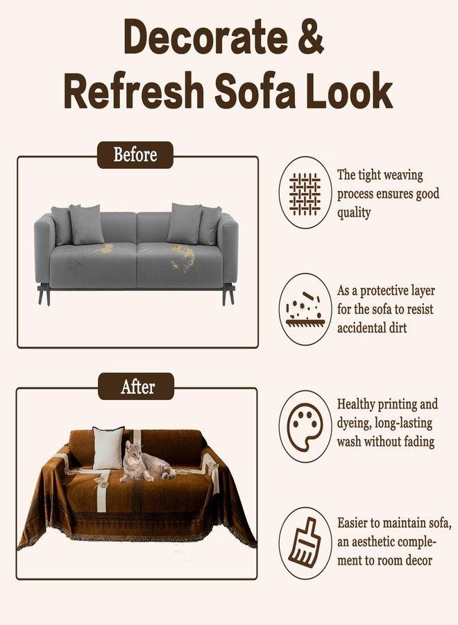 DREAMINGO Vintage Chenille Couch Cover Floral Jacquard Furniture Cover for 3 Seater Sofa Washable Couch Protector for Dogs Cats Non Slip Sectional Sofa Slipcover 71"x134", Brown - Image 3