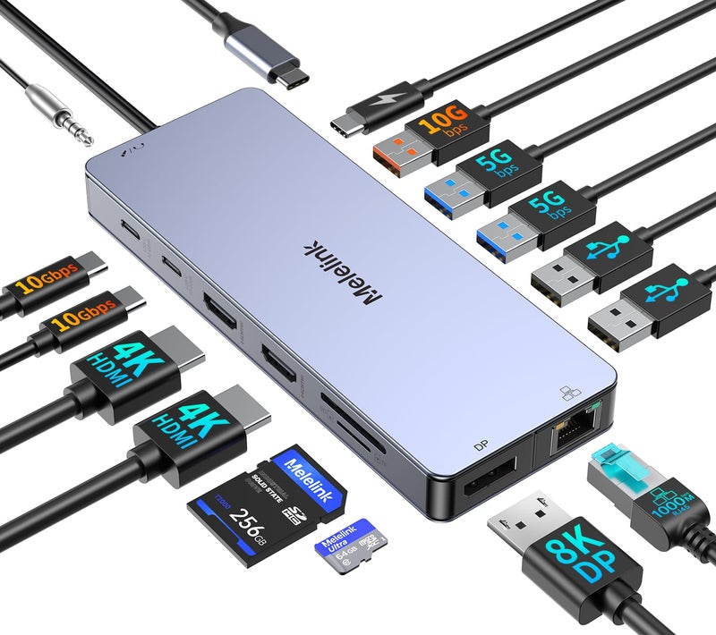 Melelink USB C Laptop Docking Station Dual Monitor for Dell/Lenovo/HP, 15 in 1 USB C Hub Multiport Adapter Dongle Dock USB-C to 2 HDMI 4K@60Hz, 8K DisplayPort, 2 USB-C 10Gbps, 5 USB-A, 100W PD, Ethernet, SD/TF - Image 1
