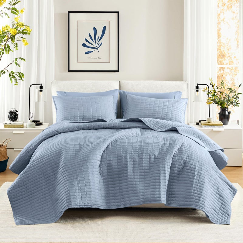Comfort Spaces Kienna Quilt SetLuxury Double Sided Stitching Design Summer Blanket Lightweight Soft All Season Bedding Layer Matching Sham Blue Coverlet King 104x90 3 Piece