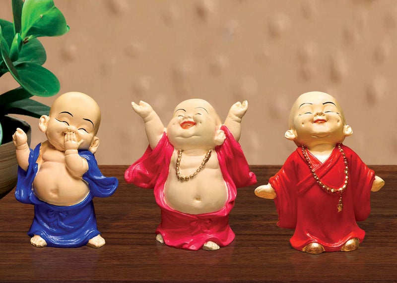 Karigaari India Handcrafted Set of 3 Resine Little Dancing Buddha Monk Sculpture | Buddha Idols for Home Decor - Image 1