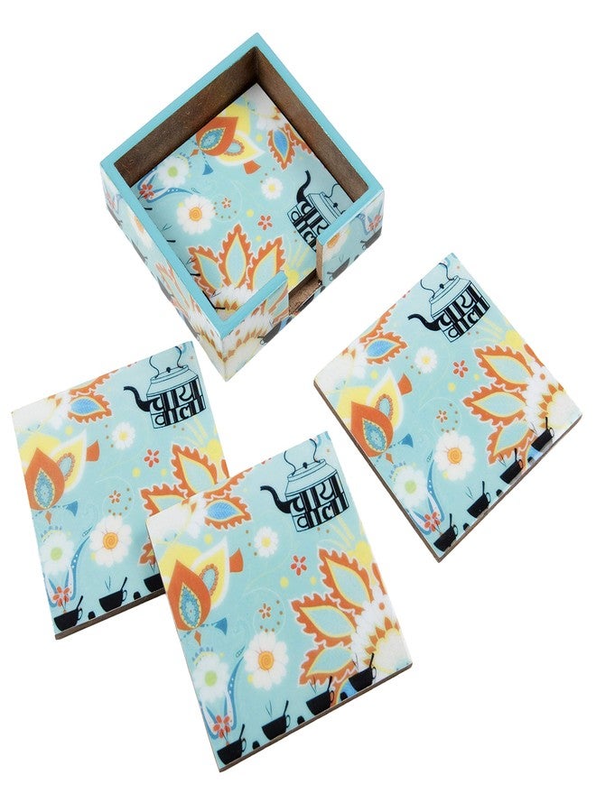YD Designs INSTOOK Elegant Printed Wooden Coasters for Home Kitchen, Office Desk Set of 4 Color - Blue - Image 5
