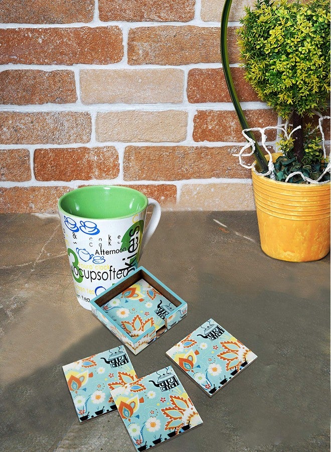 YD Designs INSTOOK Elegant Printed Wooden Coasters for Home Kitchen, Office Desk Set of 4 Color - Blue - Image 1
