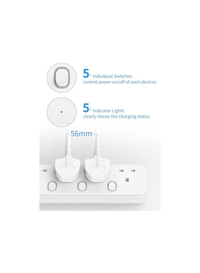 promass 3M Extension Lead 5 Way Plug Sockets with Individual Switches Wall Mountable Power Strip 3M Extension Cable 13A/3250W - Image 4
