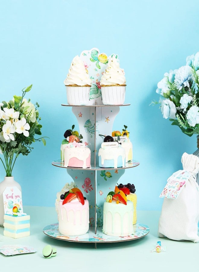 Funmemoir Ocean Cupcake Stand - Under The Sea Baby Shower Birthday Party Decorations for Girls, 3 Tier Cardboard Cupcake Holder Stand, Round Dessert Tower Stand, Ocean Animals Party Supplies - Image 3