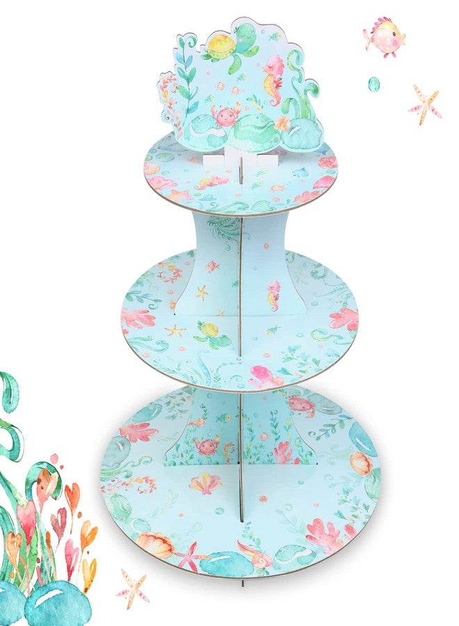 Funmemoir Ocean Cupcake Stand - Under The Sea Baby Shower Birthday Party Decorations for Girls, 3 Tier Cardboard Cupcake Holder Stand, Round Dessert Tower Stand, Ocean Animals Party Supplies - Image 1