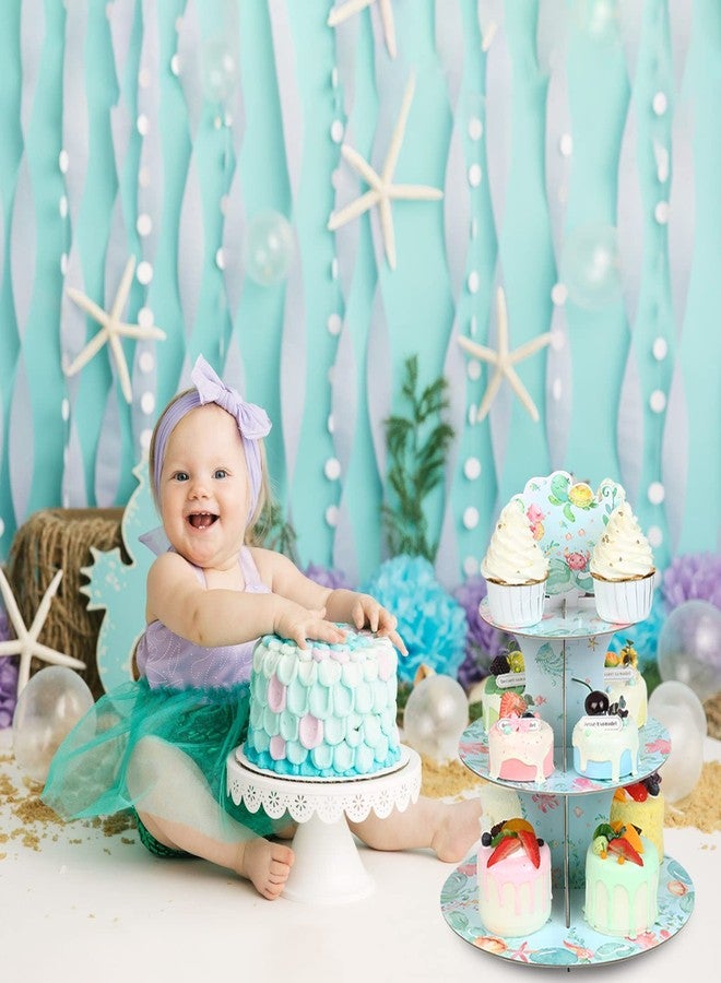 Funmemoir Ocean Cupcake Stand - Under The Sea Baby Shower Birthday Party Decorations for Girls, 3 Tier Cardboard Cupcake Holder Stand, Round Dessert Tower Stand, Ocean Animals Party Supplies - Image 4