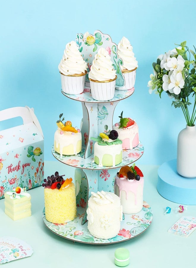 Funmemoir Ocean Cupcake Stand - Under The Sea Baby Shower Birthday Party Decorations for Girls, 3 Tier Cardboard Cupcake Holder Stand, Round Dessert Tower Stand, Ocean Animals Party Supplies - Image 2
