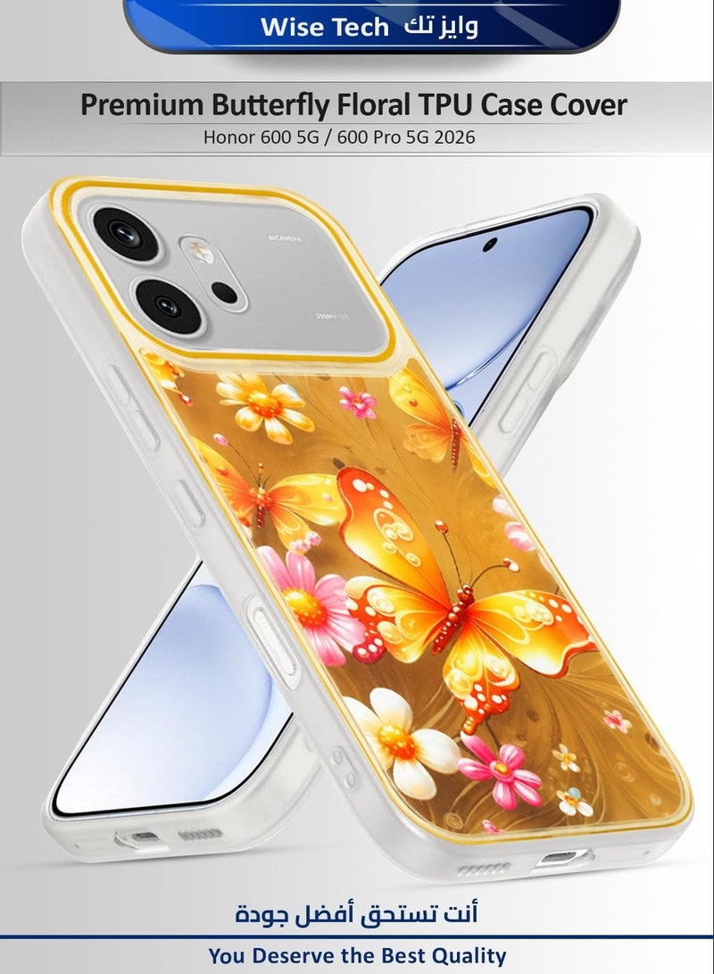 دبليو تيك غطاء هاتف Honor 600 5G / 600 Pro 5G لعام 2026 بأناقة فراشة وزهور ومضاد للصدمات، غطاء خفيف من TPU - أصفر خردلي - Image 1