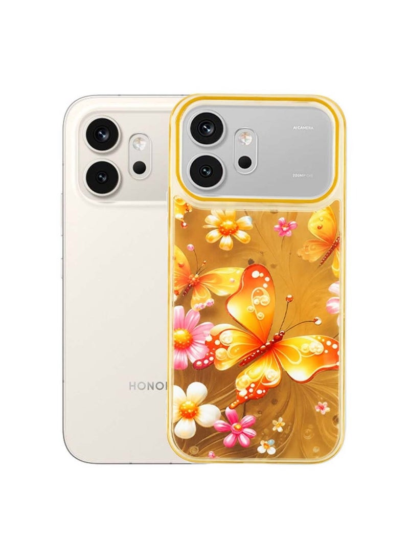 دبليو تيك غطاء هاتف Honor 600 5G / 600 Pro 5G لعام 2026 بأناقة فراشة وزهور ومضاد للصدمات، غطاء خفيف من TPU - أصفر خردلي - Image 2