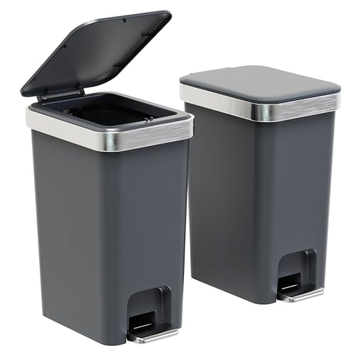 onlcuk 2Pack Small Bathroom Trash Can with Lid Soft Close, 10 Liter/2.6 Gallon Slim Garbage Can-Metal Step and Press top Lid, Mini Modern Waste Basket for Toilet, Office, Bedroom,Dorm,Dark Gray - Image 1