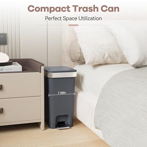 onlcuk 2Pack Small Bathroom Trash Can with Lid Soft Close, 10 Liter/2.6 Gallon Slim Garbage Can-Metal Step and Press top Lid, Mini Modern Waste Basket for Toilet, Office, Bedroom,Dorm,Dark Gray - Image 3