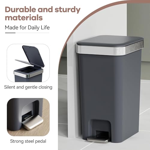 onlcuk 2Pack Small Bathroom Trash Can with Lid Soft Close, 10 Liter/2.6 Gallon Slim Garbage Can-Metal Step and Press top Lid, Mini Modern Waste Basket for Toilet, Office, Bedroom,Dorm,Dark Gray - Image 5
