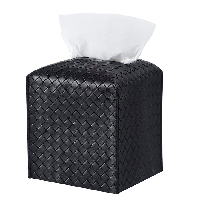 TISSUE BOX COVER PU LEATHER TISSUE HOLDER SQUARE FACIAL TISSUE CASE FACIAL PAPER ORGANIZER DISPENSER FOR BATHROOM VANITY COUNTERTOP TABLETOP CAR BLACK