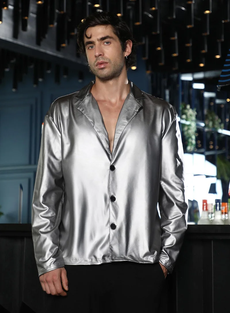 Campus Sutra Men Single-Breasted Sheen Shirt | Notch Collar, Long Button-Cuff Sleeves | Button , Straight Hem | Solid Plain | Woven Fabric For Evening & Party Wear | Chalice Silver