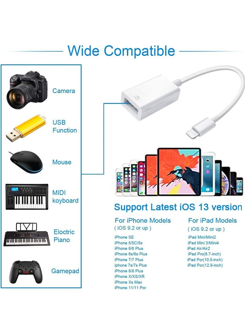 Lightning Female USB OTG Cable Adapter for iPhone, iPad Models, Camera, Card Reader, USB Flash Drive, MIDI Keyboard