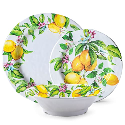 LEHAHA Lemon Melamine Dinnerware Dish Set – 12 Piece Indoor and Outdoor Plates and Bowls Sets for Everyday Use, Dishwasher Safe, Unbreakable Kitchen Dinner Set, Service for 4… - Image 2